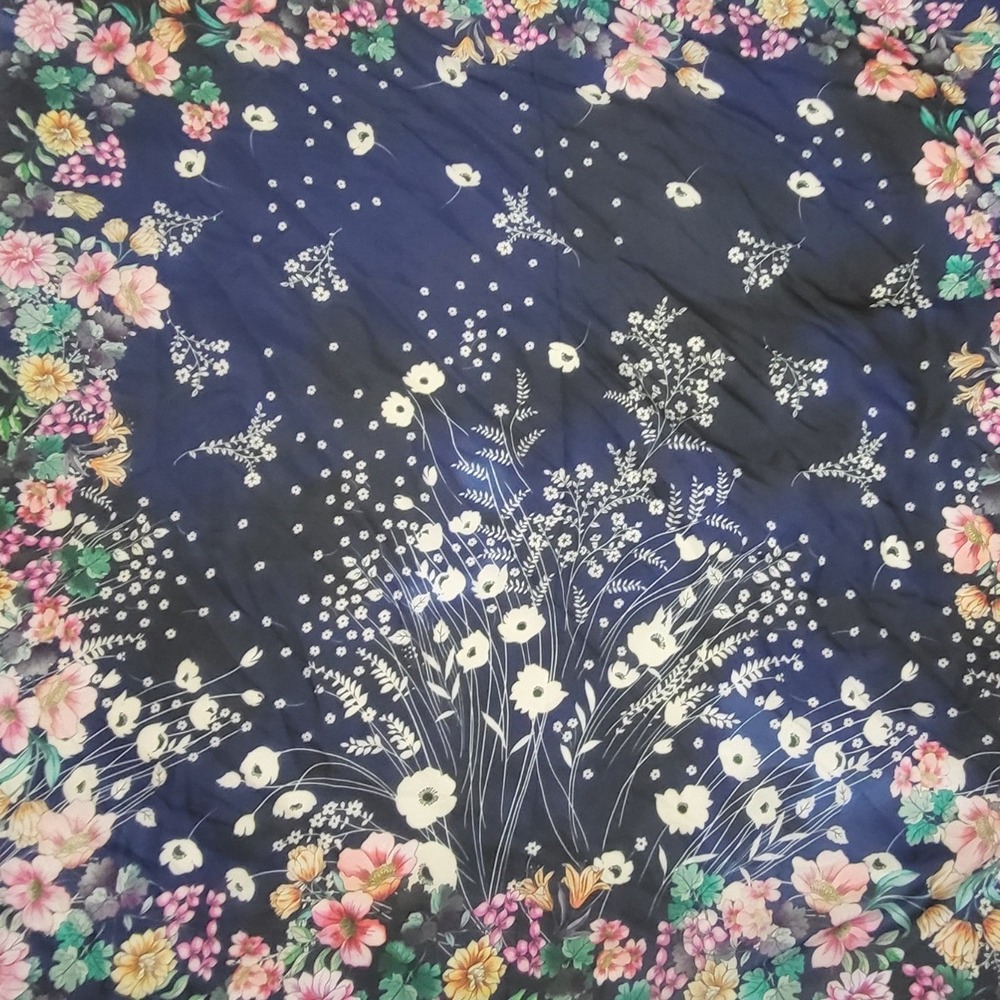 Johnny Was Bursting Scarf Navy Blue Floral 100% Silk 42" Square with Tassels - Picture 2 of 6